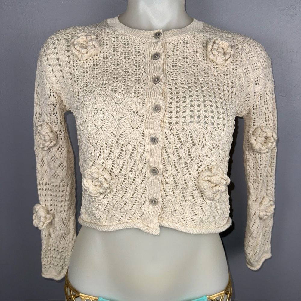 Cotton Emporium Cardigan Womens Small Cream Crotchet Knitted Flowers Boho Euro